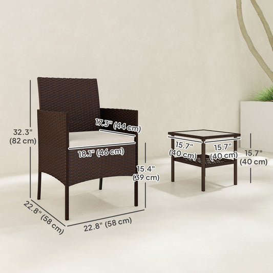 Outsunny Wicker Bistro Set, 3 Piece Patio Furniture Set with 2-Tier Glass Top Table, Cushions for Balcony, Porch, Beige