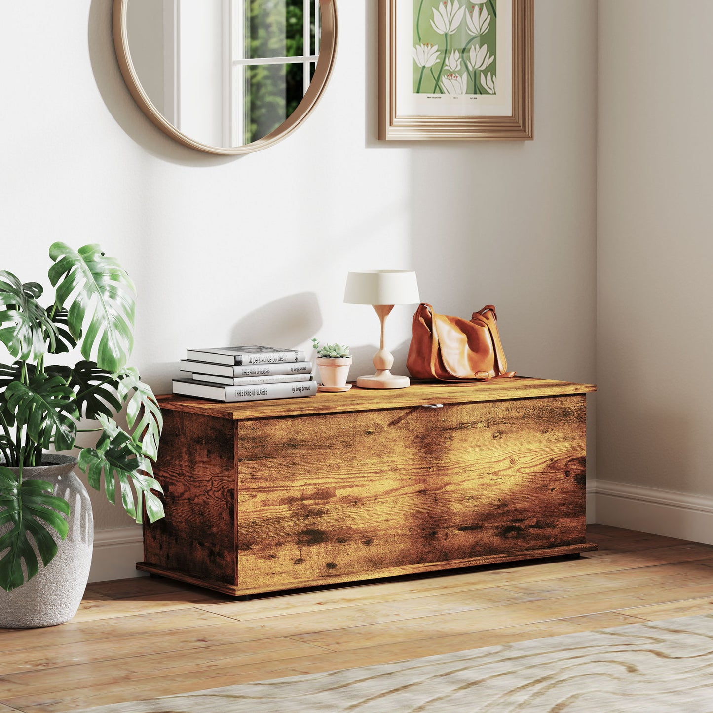 HOMCOM 39.5" Storage Chest with 2 Safety Hinges, Storage Box Organizer with Flip-Top Lid, Entryway Storage Bench, Rustic Brown