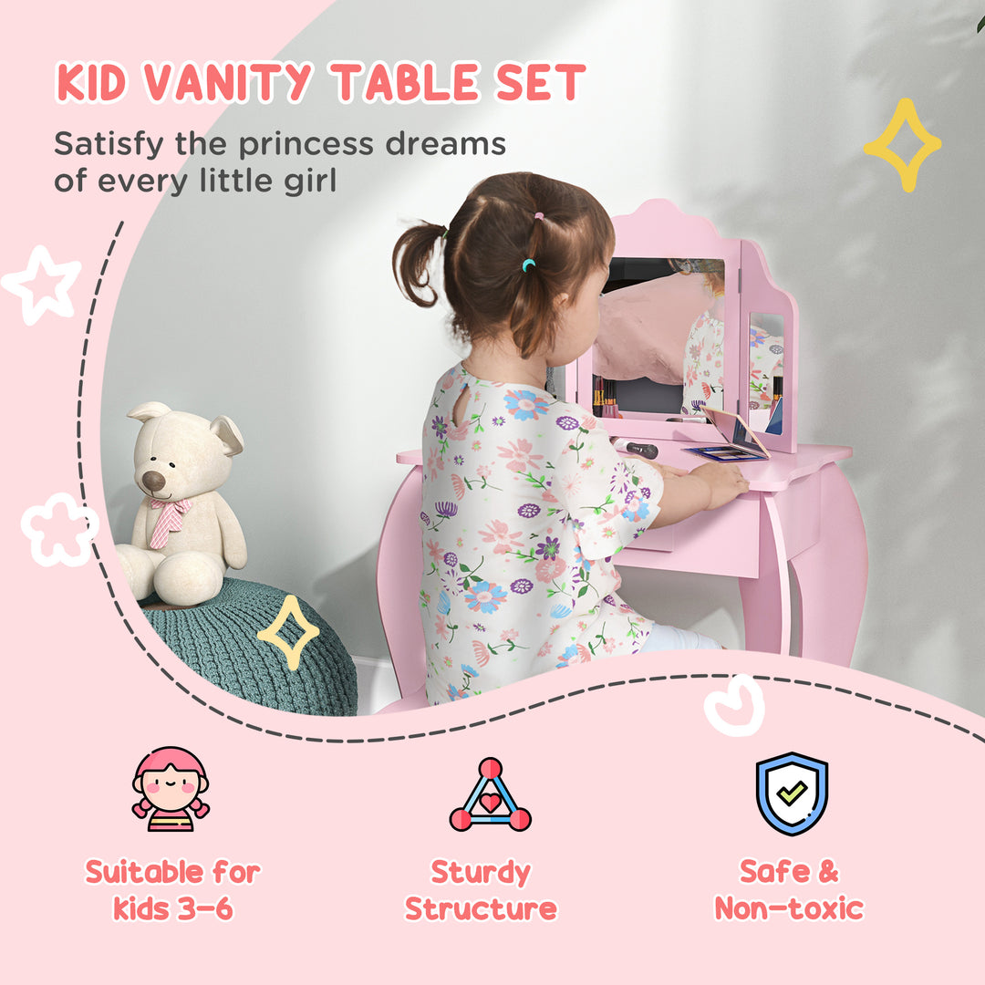 Qaba Kids Vanity Table and Stool, Makeup Vanity Girls Dressing Table Set with Tri-folding Mirrors Drawer Star and Heart Pattern, White