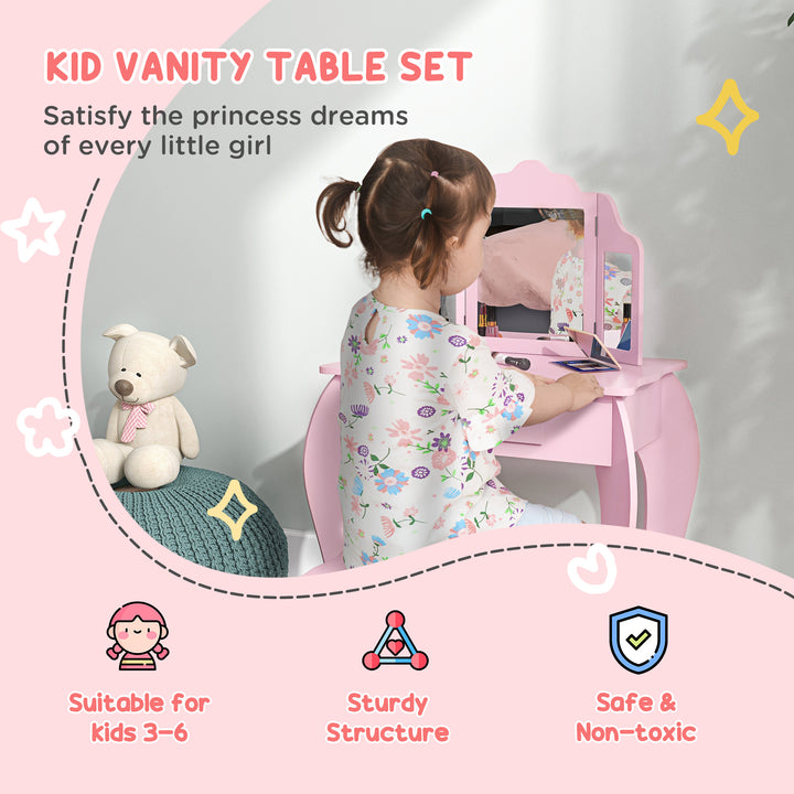 Qaba Kids Vanity Table and Stool, Makeup Vanity Girls Dressing Table Set with Tri-folding Mirrors Drawer Star and Heart Pattern, White