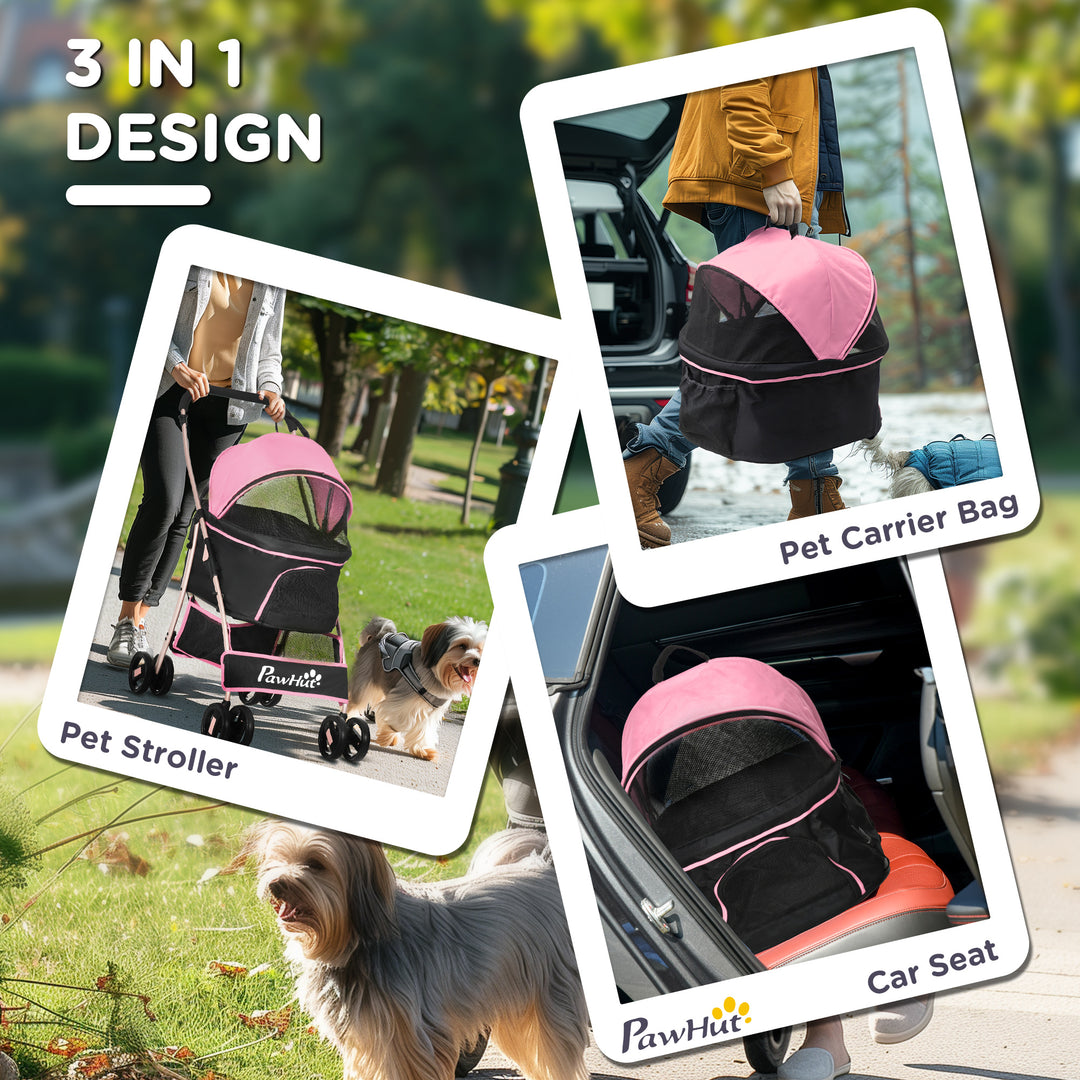 PawHut 4 Wheels Pet Stroller, 3 in 1 Dog Cat Travel Folding Carrier, for Small Dogs, Detachable, w/ Brake, Canopy, Basket, Storage Bag - Yellow