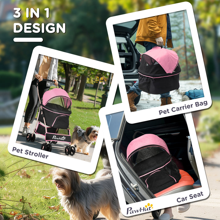 PawHut 4 Wheels Pet Stroller, 3 in 1 Dog Cat Travel Folding Carrier, for Small Dogs, Detachable, w/ Brake, Canopy, Basket, Storage Bag - Yellow