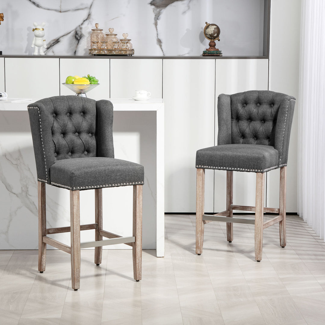 HOMCOM Counter Height Bar Stools Set of 2, Upholstered Bar Chairs with Nailhead Backrest and Footrest, Charcoal Grey
