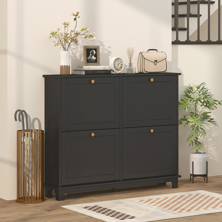 HOMCOM Modern Shoe Storage Cabinet, Narrow Shoe Cabinet with 4 Flip Drawers, Adjustable Shelves, 5 Legs for Entryway, Black