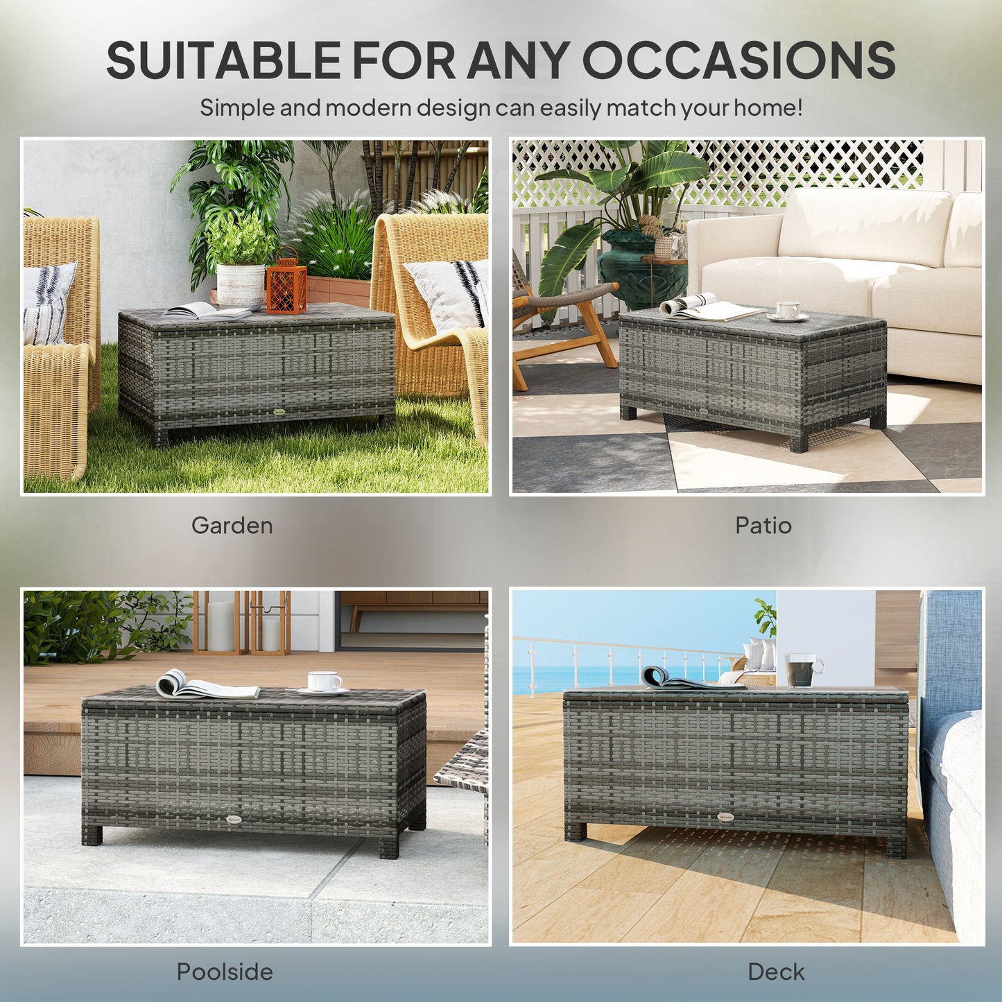 Outsunny Outdoor PE Rattan Wicker Table, Patio Garden Side Table w/Glass Top for Patio, Balcony, Mixed Grey