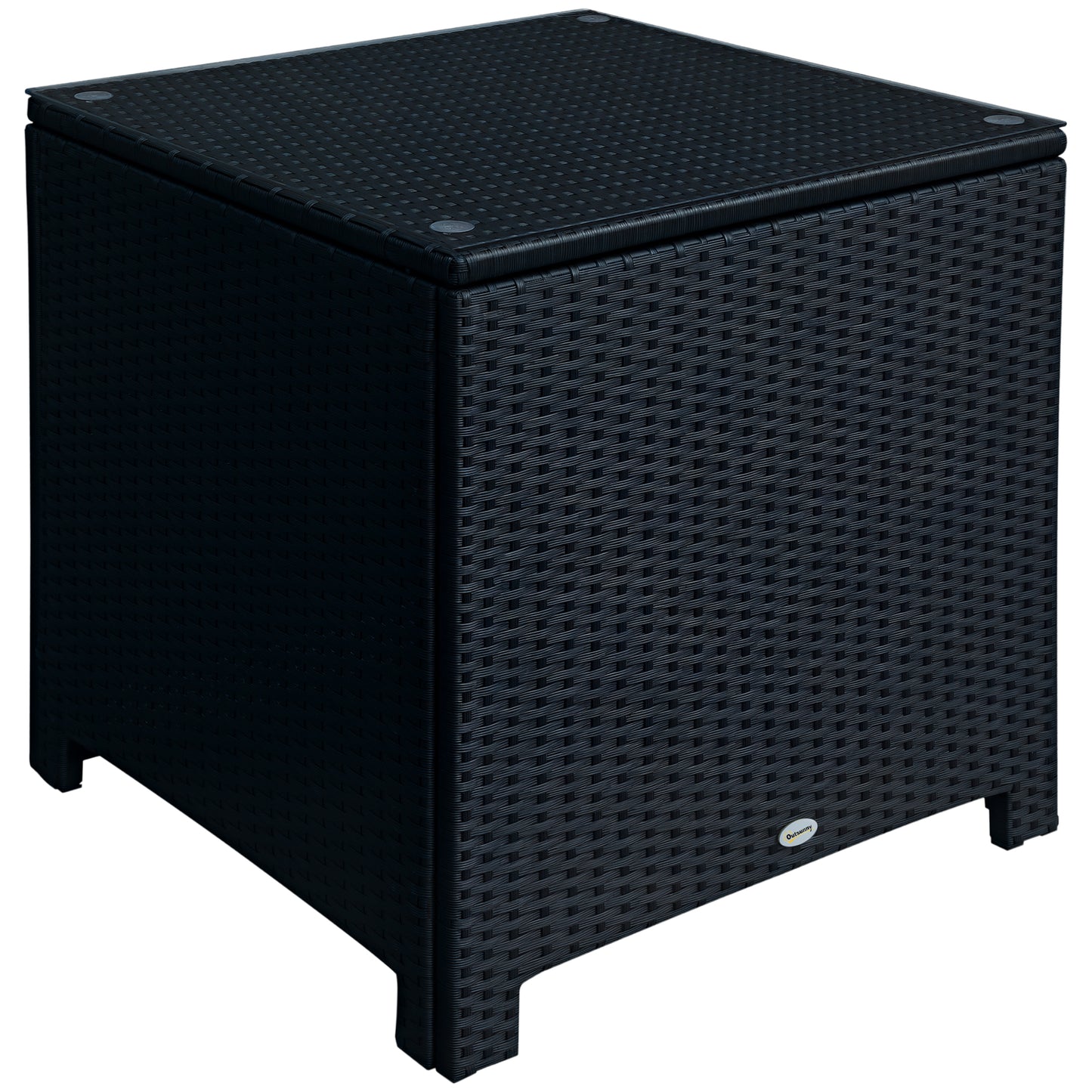 Outsunny Rattan Side Table Wicker Coffee Table with Glass Top Outdoor Patio Furniture For Patio Poolside Garden Lawn, Black