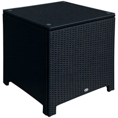 Outsunny Rattan Side Table Wicker Coffee Table with Glass Top Outdoor Patio Furniture For Patio Poolside Garden Lawn, Black