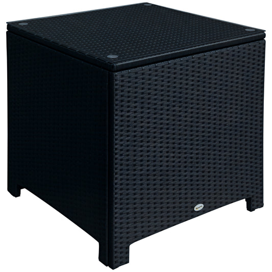 Outsunny Rattan Side Table Wicker Coffee Table with Glass Top Outdoor Patio Furniture For Patio Poolside Garden Lawn, Black