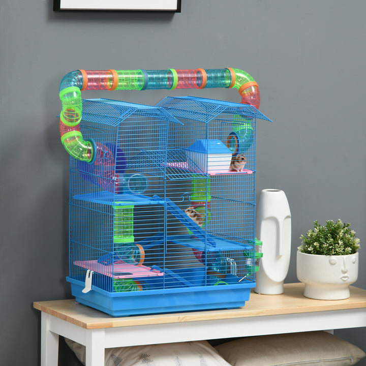 PawHut 18.5" Hamster Cage, 5 Tiers Small Animal House with Tunnel Tube System, Exercise Wheel, Water Bottle, Blue