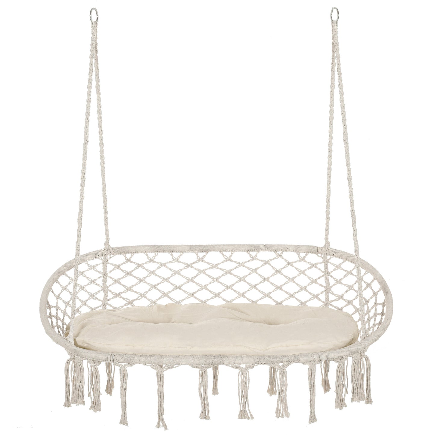 Outsunny Patio Hammock Chair 2 Seat, Hanging Rope Hammock Swing Chair with Metal Frame and Cushion, Large Macrame Seat for Indoor and Outdoor 396 lbs Capacity, Dark Grey