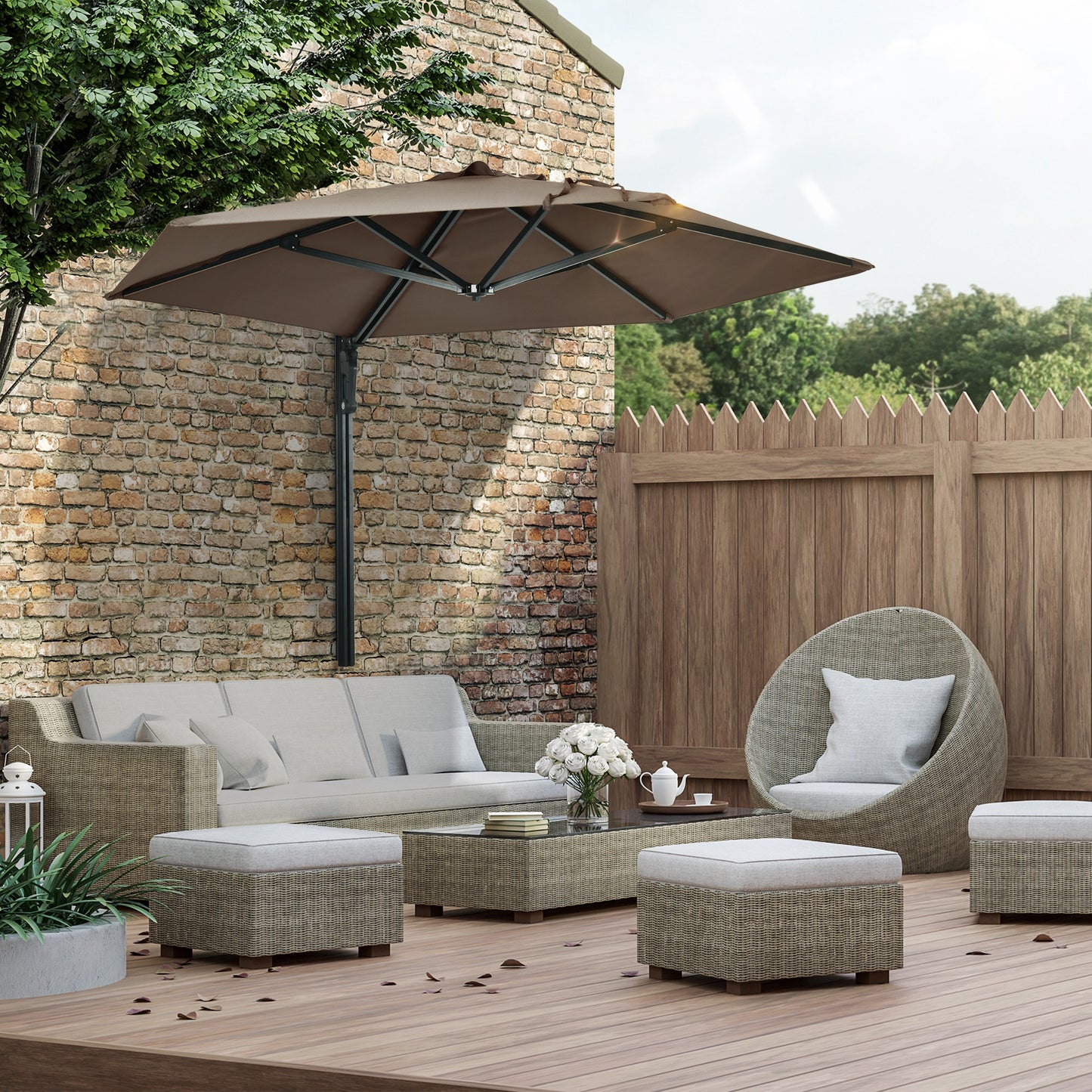 Outsunny 8 ft Wall Mounted Umbrella with 180Â° Rotatable Canopy, Patio Wall Parasol for Outdoor, Garden, Balcony, Yard,  Khaki