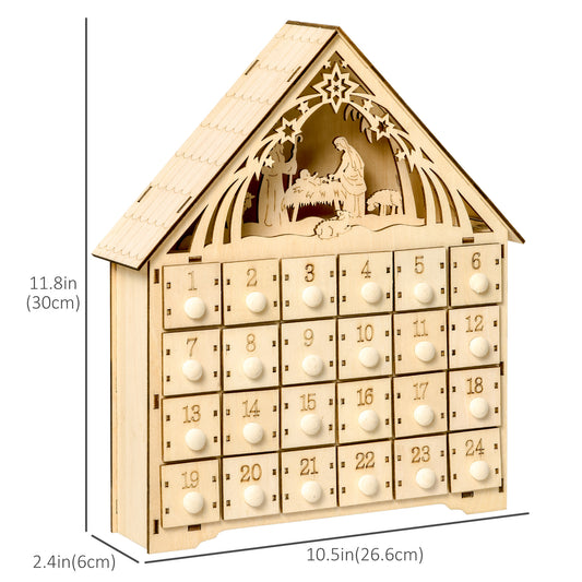 HOMCOM Wooden Christmas Advent Calendar, Lighted 24 Days Xmas Calendar House, Christmas Table Decoration with Countdown Drawers, Bible Characters, Battery Operated, Natural