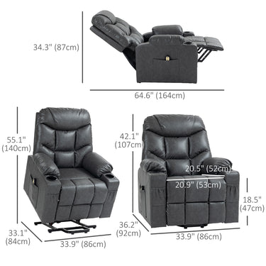 HOMCOM Lift Chair for Elderly, PU Leather Electric Recliner Chair with Quick Assembly, Remote, Cup Holders, Side Pockets, Grey