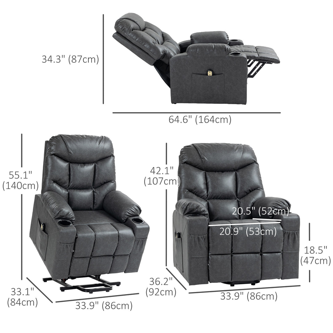HOMCOM Lift Chair for Elderly, PU Leather Electric Recliner Chair with Quick Assembly, Remote, Cup Holders, Side Pockets, Grey