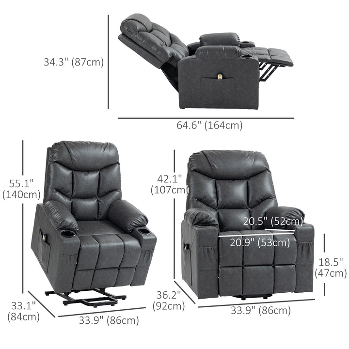 HOMCOM Lift Chair for Elderly, PU Leather Electric Recliner Chair with Quick Assembly, Remote, Cup Holders, Side Pockets, Grey
