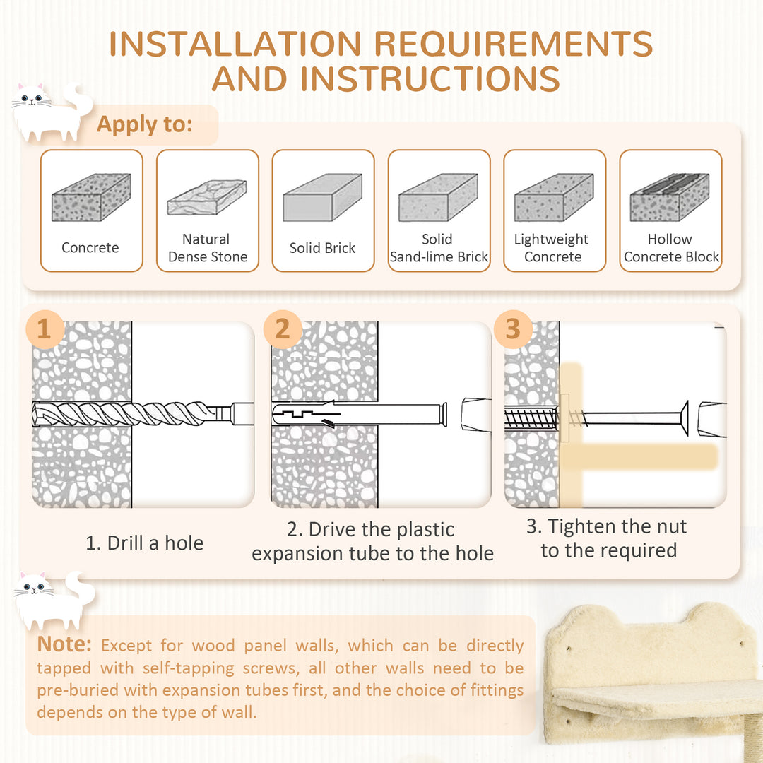 PawHut 4Pcs Cat Wall Shelf with Scratching Posts, Hammock, Steps, Platforms, Cat Shelves for Relaxing, Sleeping, Jumping, Cat Wall Climber for Indoor Cats, Beige