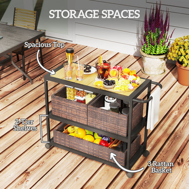 Outsunny Outdoor Bar Cart with Side Handle, 3-Tier Rolling Cart on Wheels with Removable Rattan Basket, Mixed-Brown