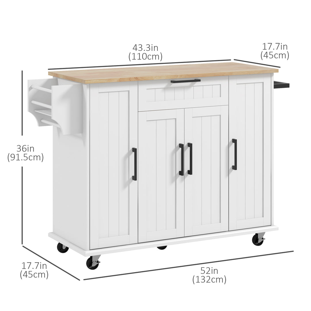 HOMCOM Modern Rolling Kitchen Island Cart with Drawers, Natural Wood Top, Towel Rack, Door Storage Cabinet, White
