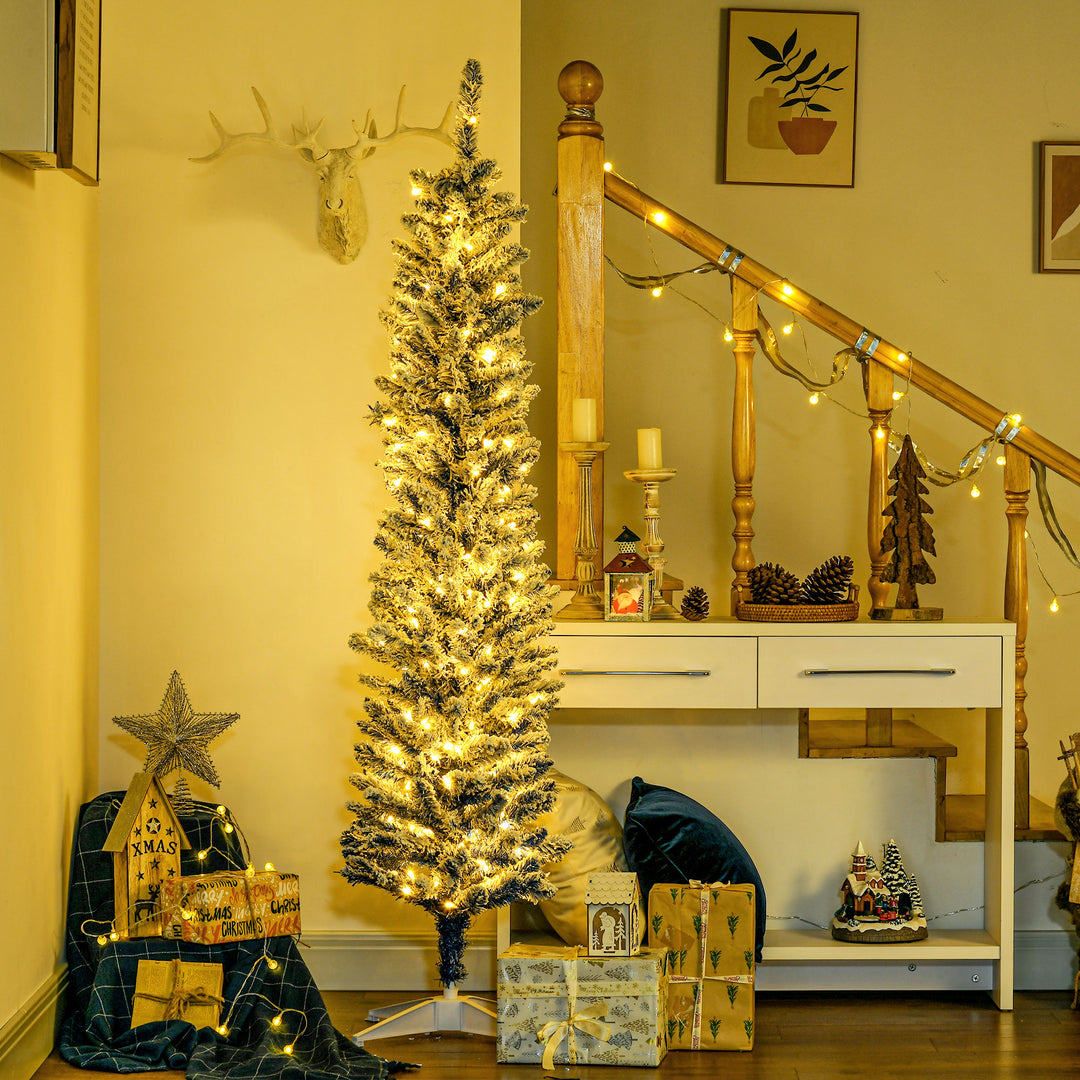 HOMCOM 6' Flocked Christmas Trees, Pencil Prelit Artificial Christmas Tree with Snow Branches, Pink