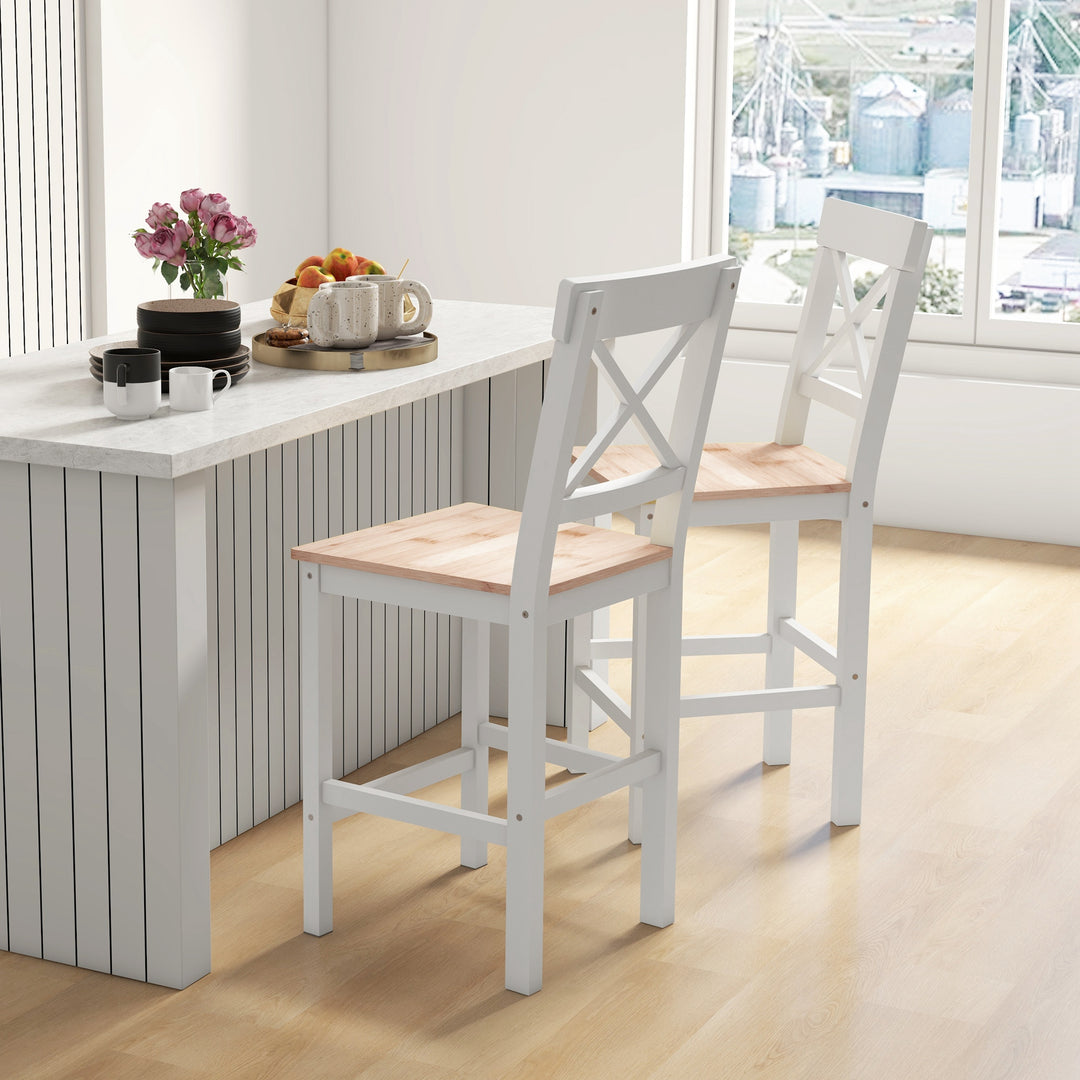 HOMCOM Counter Height Stools Set of 2, Farmhouse Bar Stools with Backs, Solid Wood Counter Stools for Kitchen Island