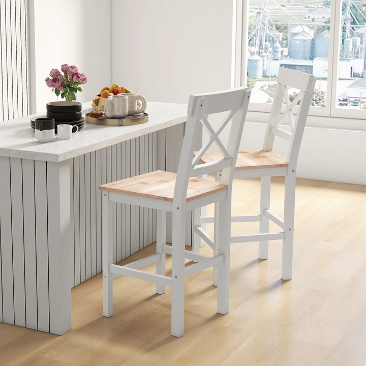 HOMCOM Counter Height Stools Set of 2, Farmhouse Bar Stools with Backs, Solid Wood Counter Stools for Kitchen Island
