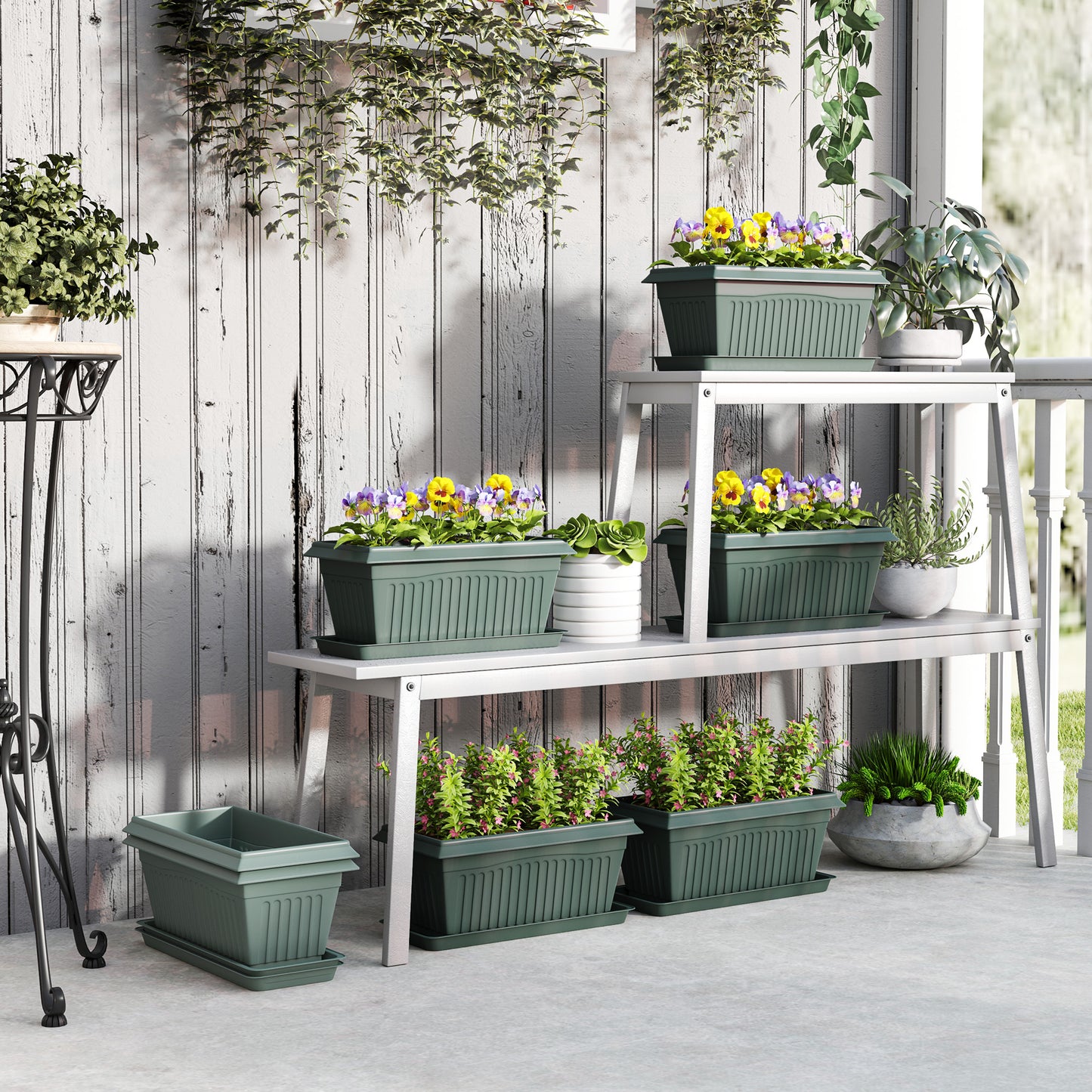 Outsunny 7 Pack 15.7" Plastic Flower Planters with Drainage Holes and Trays, Plant Pots for Indoor Outdoor Plants, Green