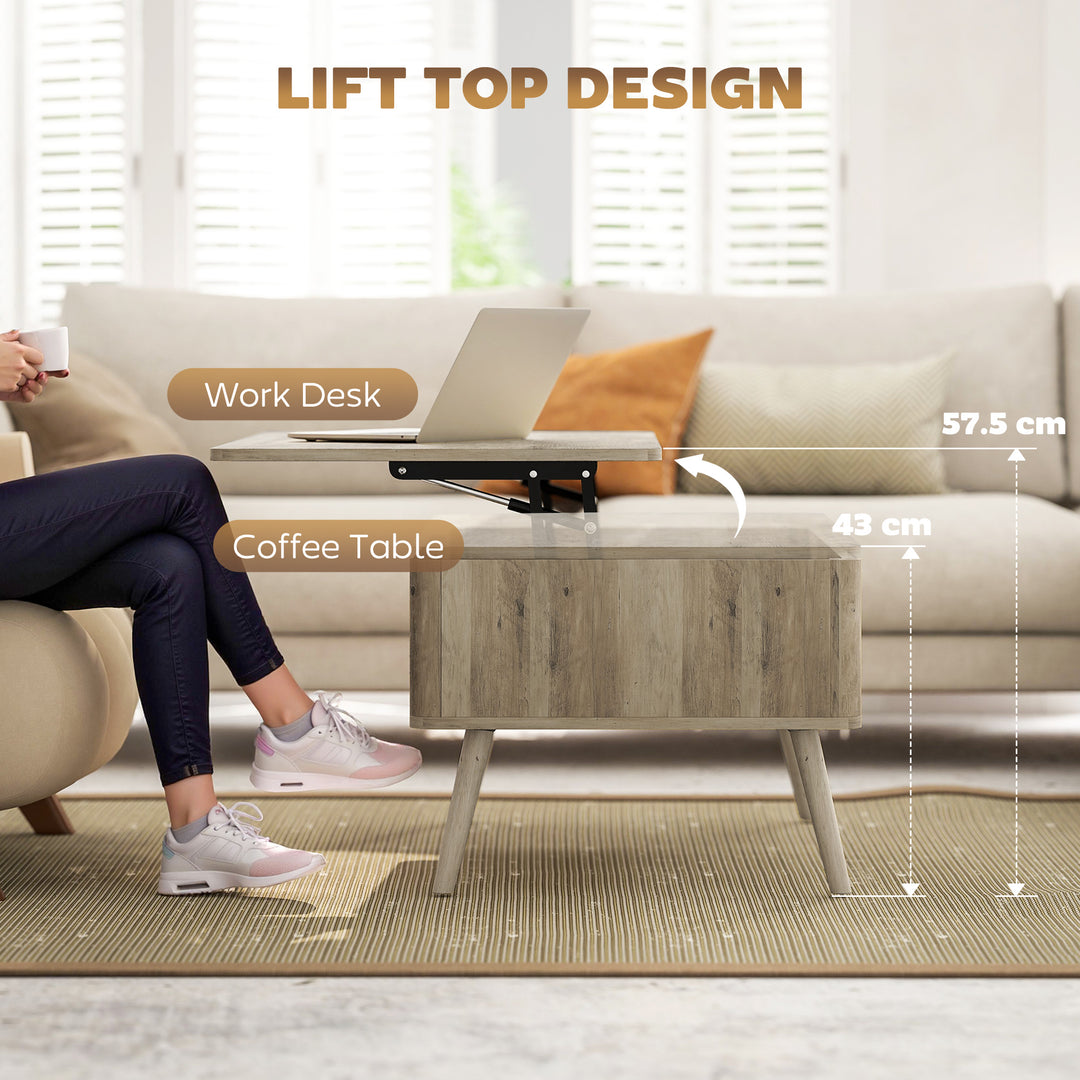 HOMCOM Lift Top Coffee Table with Storage, Center Table with Hidden Compartments and Pine Wood Legs for Living Room, Oak