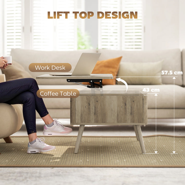 HOMCOM Lift Top Coffee Table with Storage, Center Table with Hidden Compartments and Pine Wood Legs for Living Room, Oak