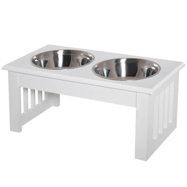 PawHut Deluxe Double Pet Dog Bowl Feeding Station Wooden Stand Pet Feeder Elevated Base Twin Bowls Stainless Steel, White
