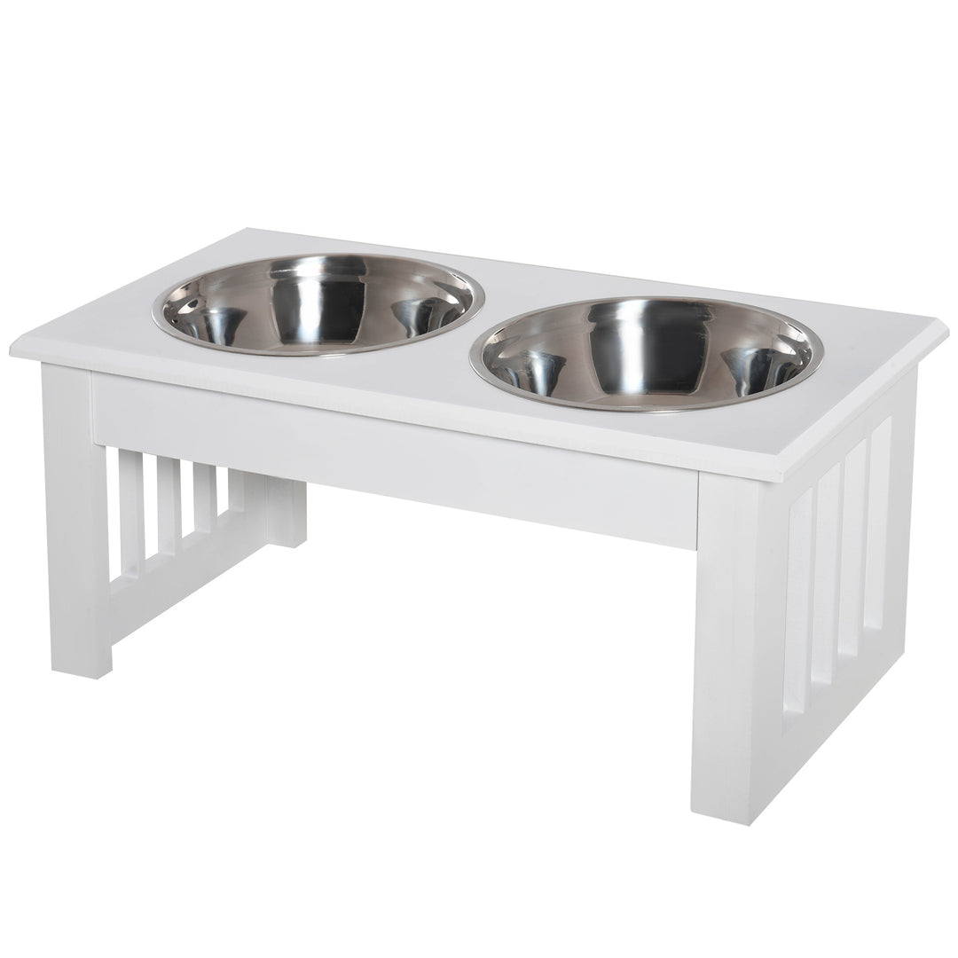 PawHut Deluxe Double Pet Dog Bowl Feeding Station Wooden Stand Pet Feeder Elevated Base Twin Bowls Stainless Steel, White