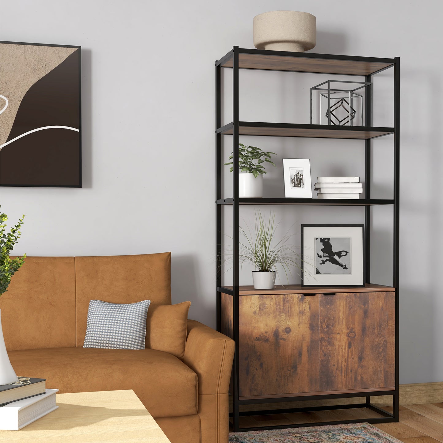 HOMCOM Storage Cabinet with 3 Open Shelves Cupboard Freestanding Tall Organizer Multifunctional Rack for Livingroom Bedroom Kitchen Rustic Brown