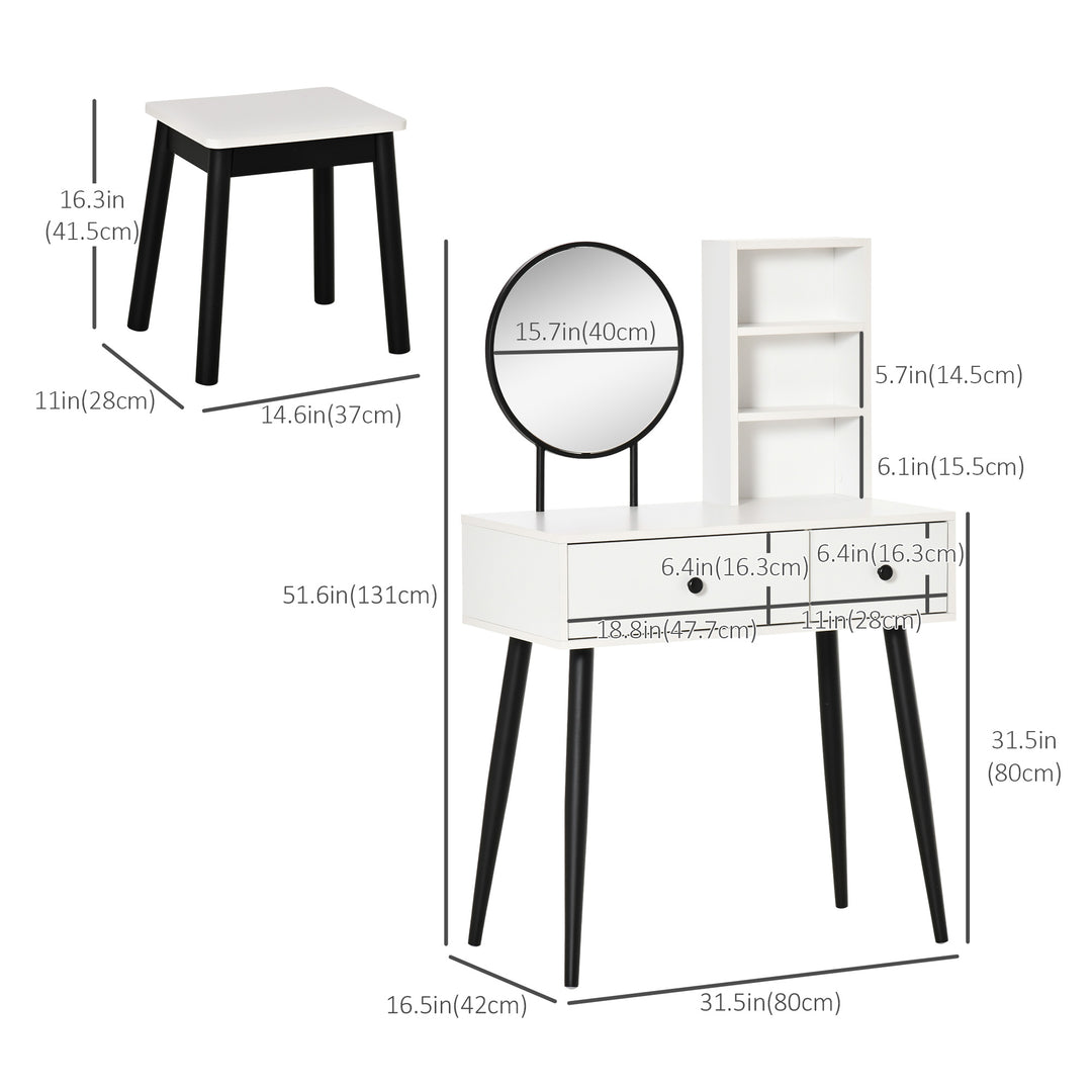 HOMCOM Vanity Table with Stool, Makeup Vanity with Wood Dressing Table with Storage Drawers and Shelf for Bedroom, White and Black
