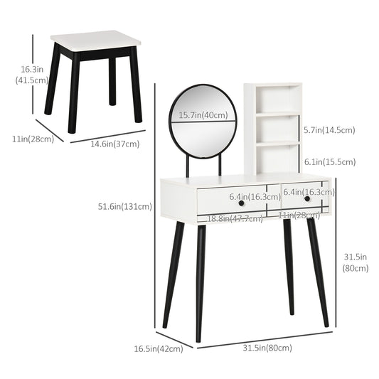 HOMCOM Vanity Desk with Stool, Makeup Vanity with Mirror, Wood Dressing Table with Storage Drawers and Shelf for Bedroom, White and Black