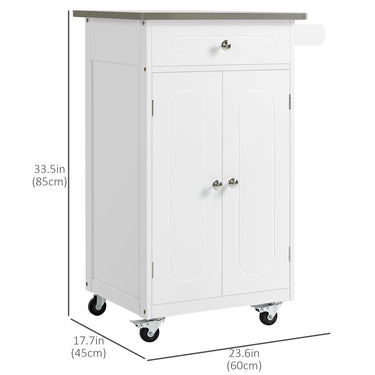 HOMCOM Kitchen Cart, Small Kitchen Island, Stainless Steel Top Utility Trolley on Wheels with Storage Drawer for Dining Room, Kitchen (White)