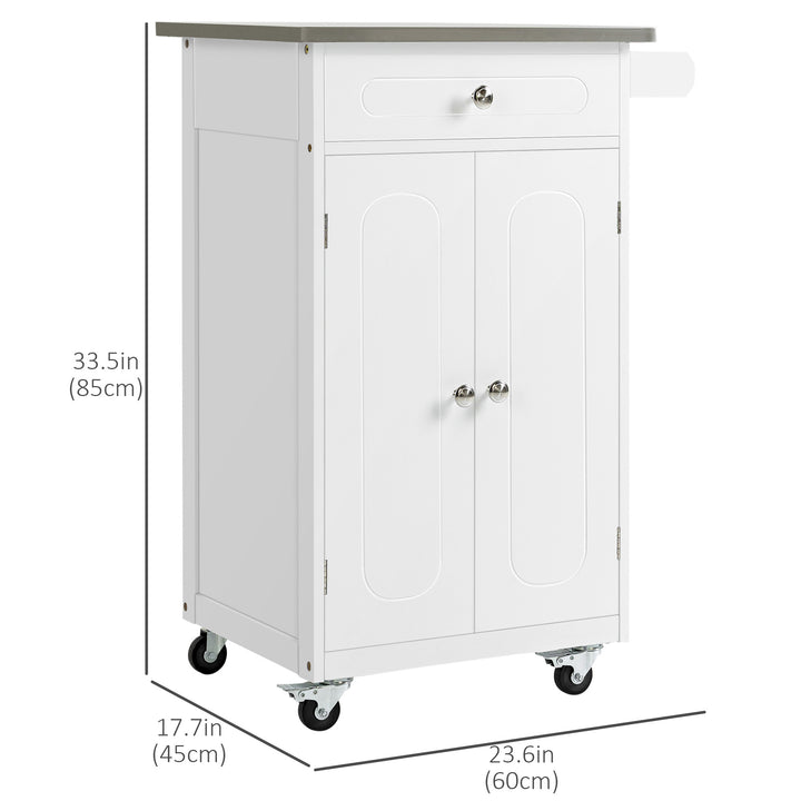 HOMCOM Kitchen Cart, Small Kitchen Island, Stainless Steel Top Utility Trolley on Wheels with Storage Drawer for Dining Room, Kitchen (White)