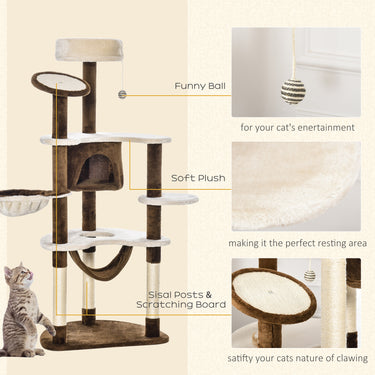 PawHut 60" Cat Scratching Tree, Cat Bed Condo Post House Pet Furniture Toys-Brown & Beige