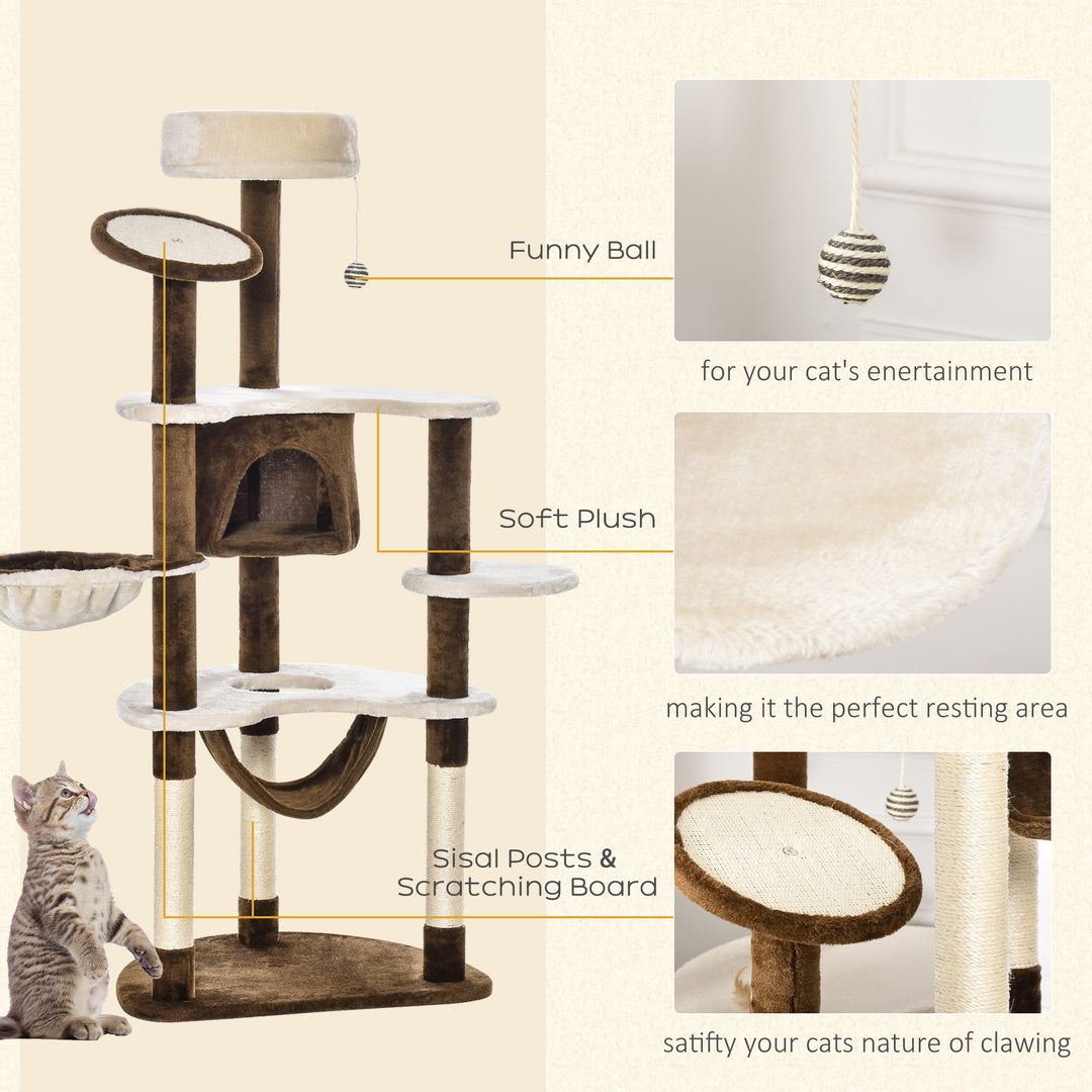 PawHut 60" Cat Scratching Tree, Cat Bed Condo Post House Pet Furniture Toys-Brown & Beige