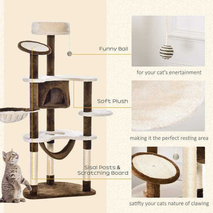 PawHut 60" Cat Scratching Tree, Cat Bed Condo Post House Pet Furniture Toys-Brown & Beige