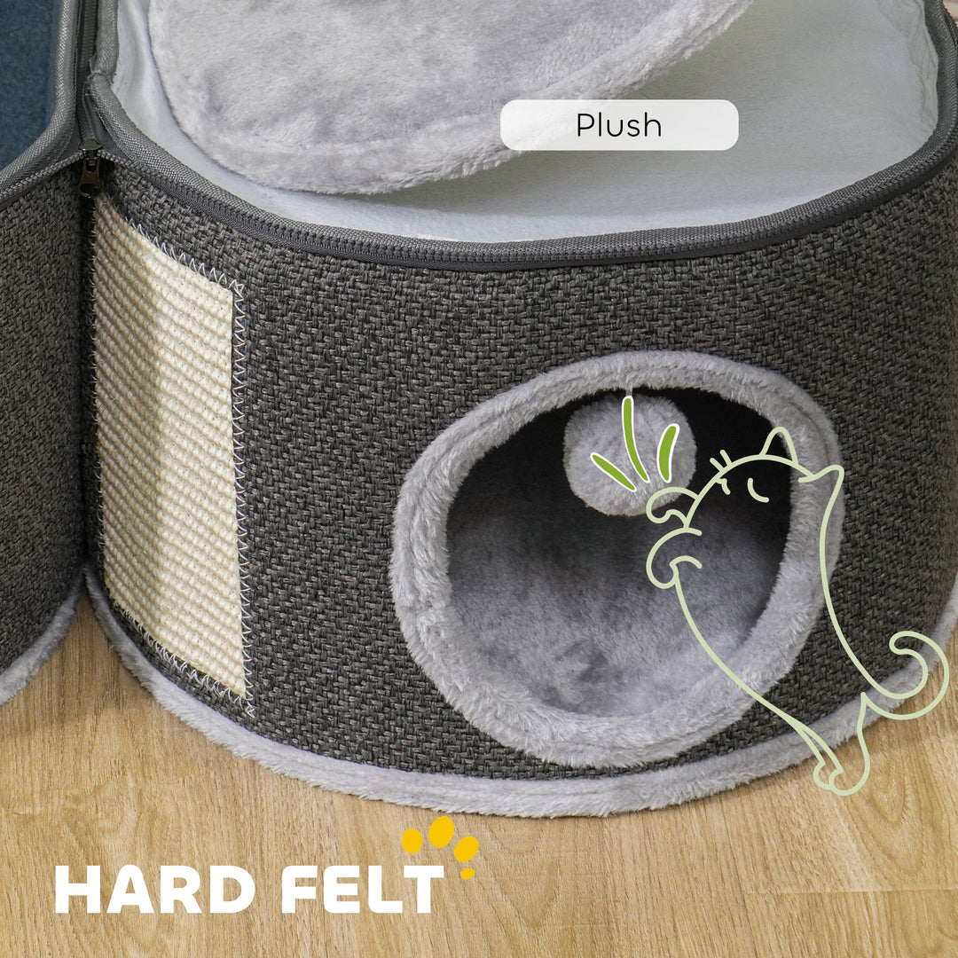 PawHut 2-Story Cat Condo Barrel Tree with Top Perch, 2 Hideaways, Scratching Board, Removable Cushions, Toy Balls, Dark Grey