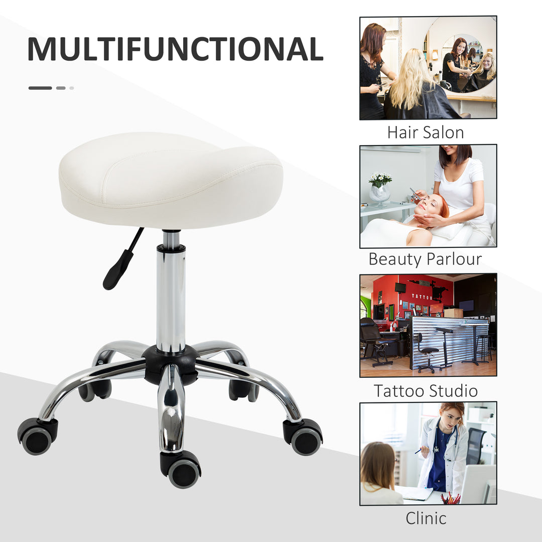 HOMCOM Saddle Stool, Height Adjustable Rolling Salon Chair with PU Leather for Massage, Spa, Clinic, Beauty and Tattoo, White