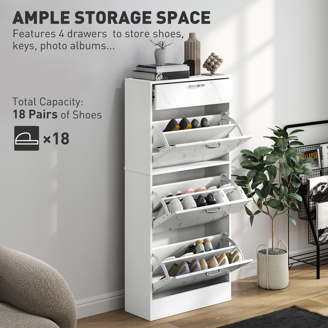HOMCOM 3 Flip Drawer Shoe Cabinet, Marble-Effect Narrow Shoe Storage Cabinet with Top Drawer and Adjustable Shelves, White