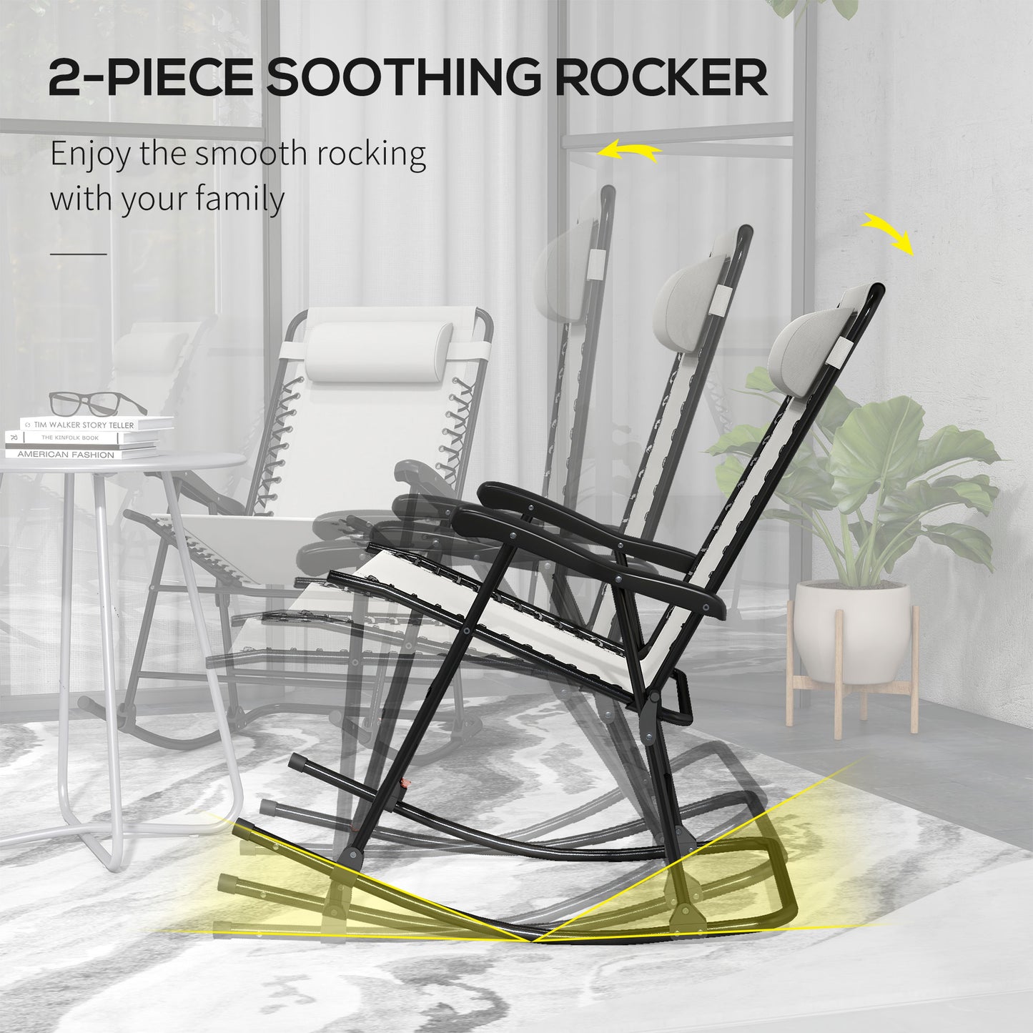 Outsunny 2pc Patio Foldable Rocking Chair Set w/ Breathable Mesh Seat & Backrest, Headrest for Park, Backyard, Garden, Cream