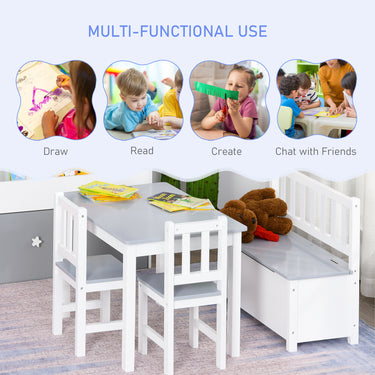 Qaba 4-Piece Set Kids Wood Table Chair Bench with Storage Function Gift for Toddlers