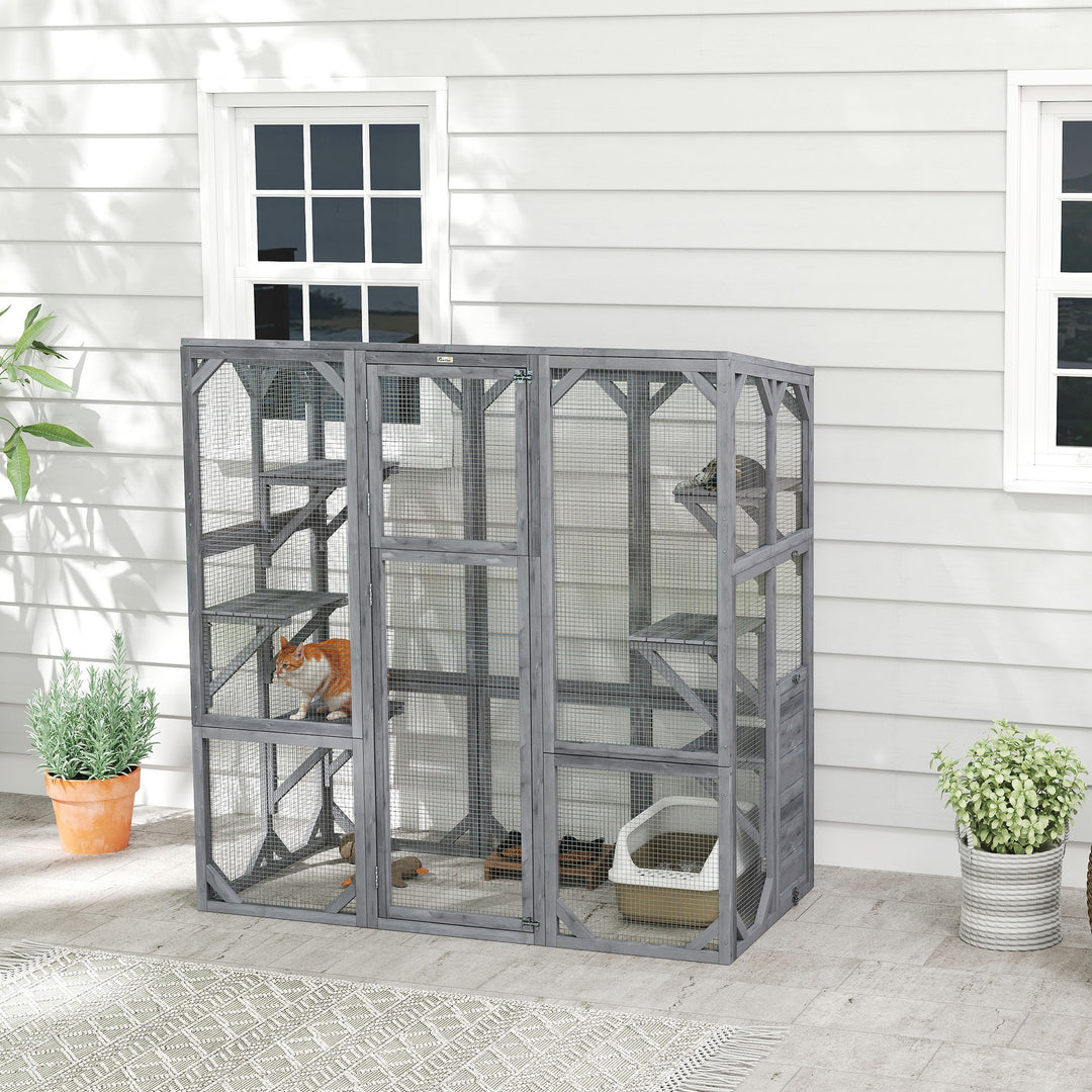PawHut Outdoor Cat Enclosure with 6 Jumping Platforms, Weatherproof Roof, Large Front Door for 1-3 Cats, 59" x 28" x 60", Grey