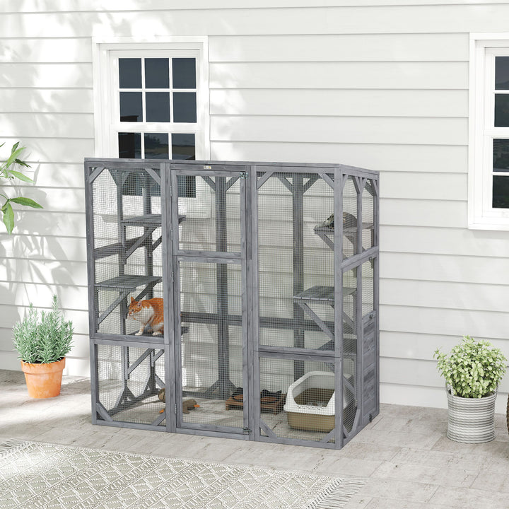 PawHut Outdoor Cat Enclosure with 6 Jumping Platforms, Weatherproof Roof, Large Front Door for 1-3 Cats, 59" x 28" x 60", Grey