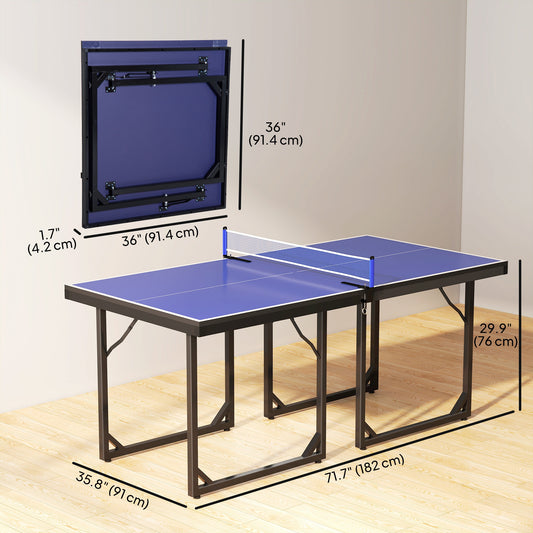 Soozier 6x3ft Compact Midsize Table Tennis Table Multi-Use Family Ping-pong Table Free Standing Folding Blue