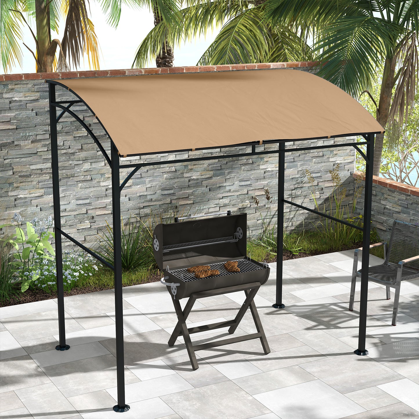 Outsunny 7' x 5' BBQ Grill Gazebo Tent, Garden Grill Canopy with Steel Frame and Hooks, Outdoor Sun Shade, Beige