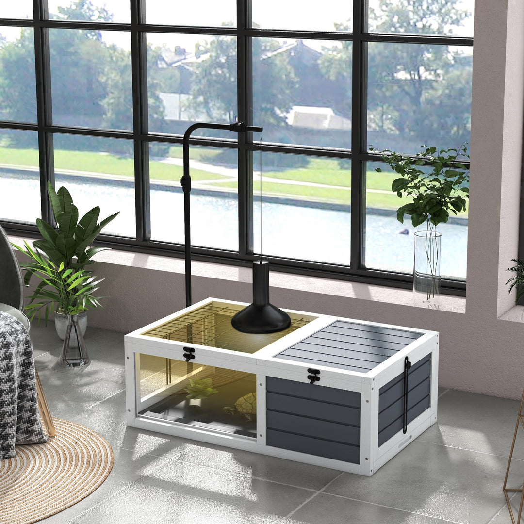 PawHut Tortoise House Wooden Tortoise Enclosure Indoor Outdoor with Adjustable Lamp Holder, Openable Lids, Pull-out Trays