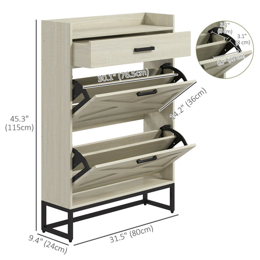 HOMCOM Slim Shoe Storage with 2 Flip Drawers and Adjustable Shelves Shoe Cabinet Organizer for 12 Pair, Distressed White
