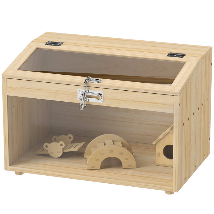 PawHut 22"L Hamster Cage with Openable Top & Acrylic Windows, Small Animal Cage with Hut, Seesaw, Ladder, Natural Wood